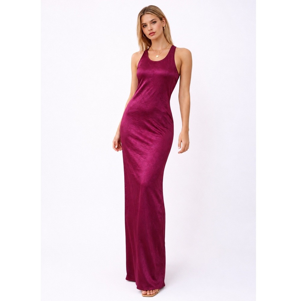 House of Harlow 1960 Revolve Satin Slip‎ Maxi Dress L Purple Tie Back Crepe 90s